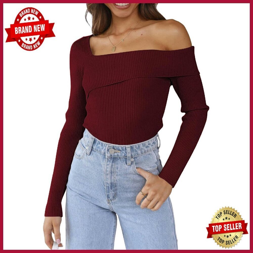 Off Shoulder Pullover Sweater Lightweight Knit Slim Fit Fall Top